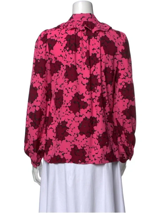 kate spade Pink Floral Tie-Neck Blouse with Dark Blue Wide-Leg Jeans - Picture 6 of 10